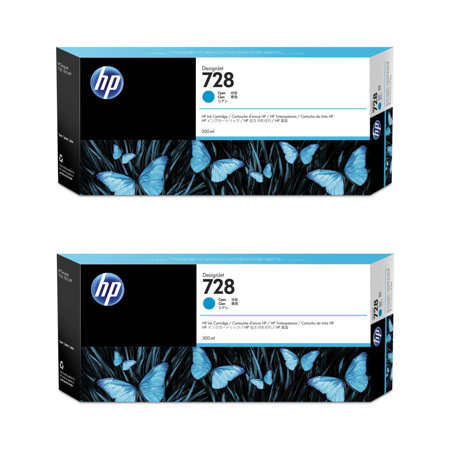 HP 728 300ml Cyan Ink Cartridge for DesignJet T730 and T830 Printers, 2 Pack