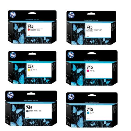HP Ink Bundle includes 745 130ml Matte Black / Photo Black / Magenta / Cyan / Yellow / Chromatic Red Ink Cartridges for DesignJet HD Pro MFP and DesignJet Z2600/Z5600 Printer