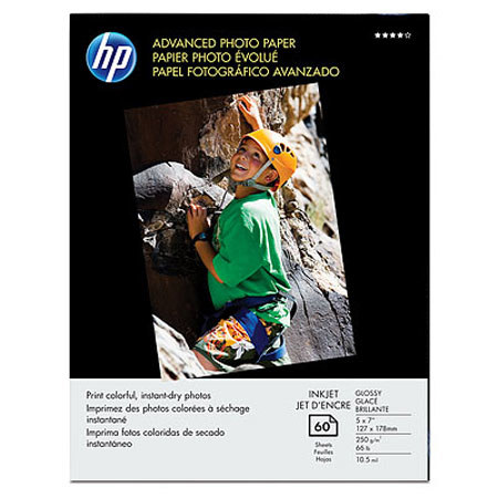 HP Advanced Glossy Photo Inkjet Paper, 10.5mil., 250g/m2, 5x7", 60 Sheets