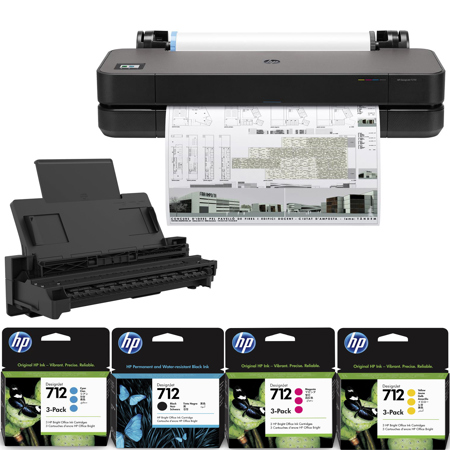 HP DesignJet T210 Large Format Printer, 24", Bundle w/Feeder, 10 Ink Cartridges
