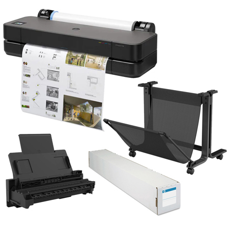 HP DesignJet T230 24" Wireless Large Format Color Thermal Inkjet Plotter Printer, 2025 Edition, Bundle with Stand, Sheet Feeder and Matte Bond Inkjet Paper Roll