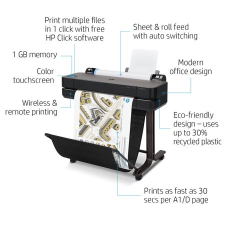 HP DesignJet T630 24" Wireless Large-Format Color Thermal Inkjet Plotter Printer, 30 Sec/Page