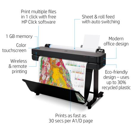 HP DesignJet T630 Wide Format Printer, 36" Color Thermal Inkjet Plotter, Wireless, 30 Sec/Page
