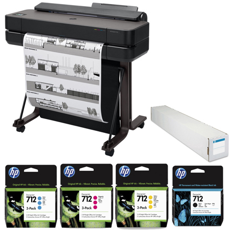 HP DesignJet T650 24" Wireless Large Format Color Thermal Inkjet Plotter Printer, 2025 Edition, Bundle with 3x Color and 80ml Black Ink Pack, Matte Bond Inkjet Paper Roll