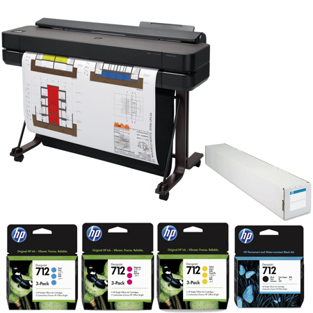HP DesignJet T650 36" Wireless Large Format Color Thermal Inkjet Plotter Printer, 2025 Edition, Bundle with 3x Color and 80ml Black Ink Pack, Matte Paper Roll