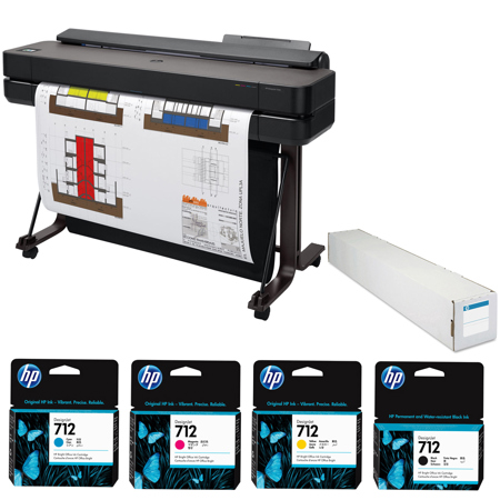 HP DesignJet T650 36" Wireless Large Format Color Thermal Inkjet Plotter Printer, 2025 Edition, Bundle with Color and 38ml Black Ink Pack, Matte Paper Roll