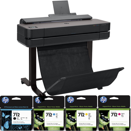 HP DesignJet T650 24" Inkjet Plotter Printer, Bundle with Color & Black Ink Pack