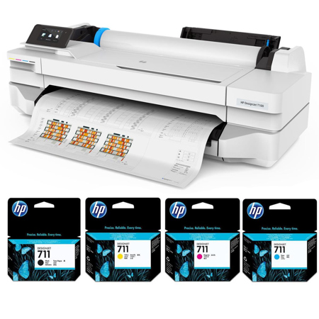 HP DesignJet T100 Plotter Printer 24" w/Mobile Printing (5ZY56A) With Ink Bundle