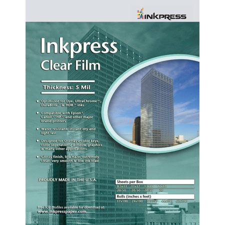 Inkpress CF111720 Clear Inkjet Film, 11x17", 20 Sheets