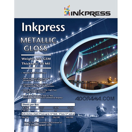 Inkpress Metallic Gloss Inkjet Paper, 255 gsm, 10 mil, Metallic Glossy Surface, 8.5x11", 20 Sheets