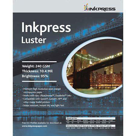 Inkpress Luster Premium Single Sided Photograde Inkjet Paper, 8.5x11", 30 Sheets