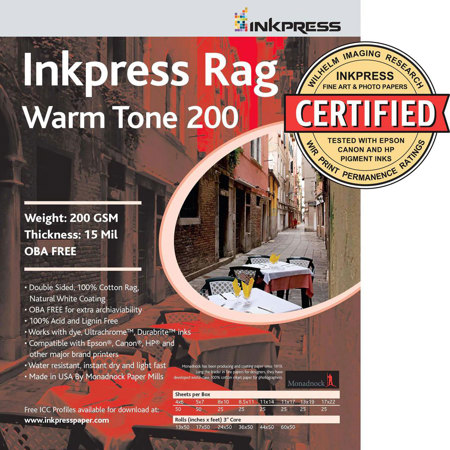 Inkpress Rag Warm Tone 200 Matte Fine Art Paper (11x17"), 25 Sheets Double-Sided