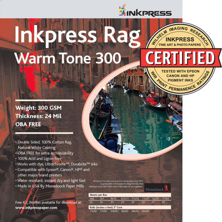 Inkpress Rag Warm Tone 300 Matte Fine Art Paper (17x25"), 20 Sheets Double-Sided