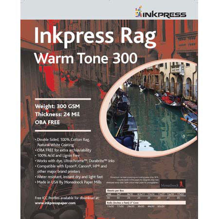Rag, Warm Tone Double Sided, Cream White Matte Inkjet Paper, 23 mil., 300gsm, 44"x50' Roll