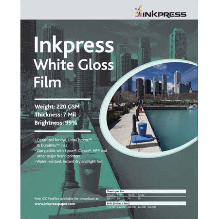 Inkpress WGF111720 White Gloss Inkjet Film, 11x17", 20 Sheets