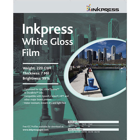 Inkpress WGF4450 White Gloss Inkjet Film, 44"x50' Roll