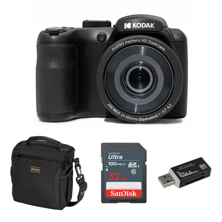 Kodak PIXPRO Astro Zoom AZ255 16MP Full HD Digital Camera, Black, Bundle with Slinger Alpine Shoulder Bag and 32GB Memory Card + Card Reader