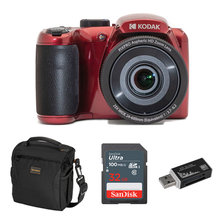 Kodak PIXPRO Astro Zoom AZ255 16MP Full HD Digital Camera, Red, Bundle with Slinger Alpine Shoulder Bag and 32GB Memory Card + Card Reader