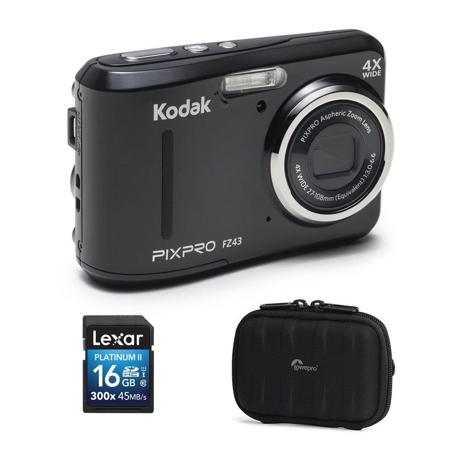 Kodak PixPro FZ43 Digital Camera, Black With 16GB SDHC Card, Camera Case
