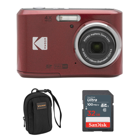 Kodak PIXPRO FZ45 Friendly Zoom 16MP Full HD Digital Camera, Red, Bundle with 32GB Memory Card and Camera Bag