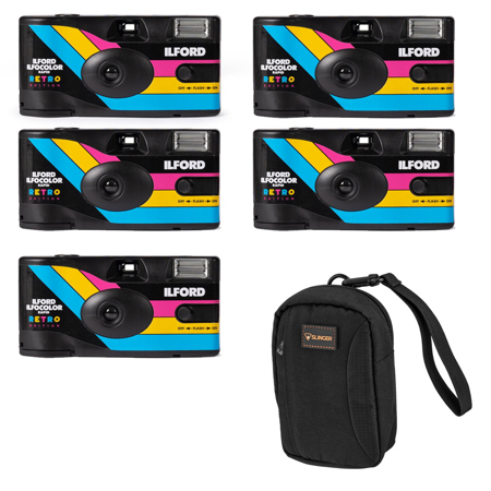 Ilford ILFOCOLOR Rapid Retro Single Use Color Film Camera, Black, 5-Pack w/Bag