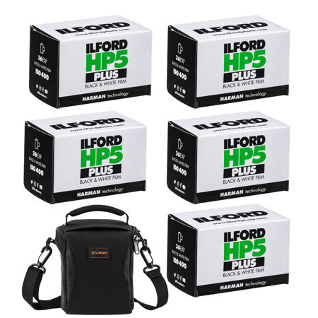 Ilford HP-5 Plus 35mm Black and White Negative Roll Film, 5-Pack with Shoulder Bag