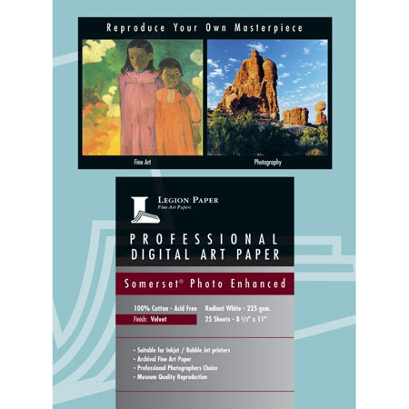 Moab Somerset Photo Enhanced, Radiant White Matte Velvet Inkjet Paper, 15 mil., 8.5x11", 25 Sheets.