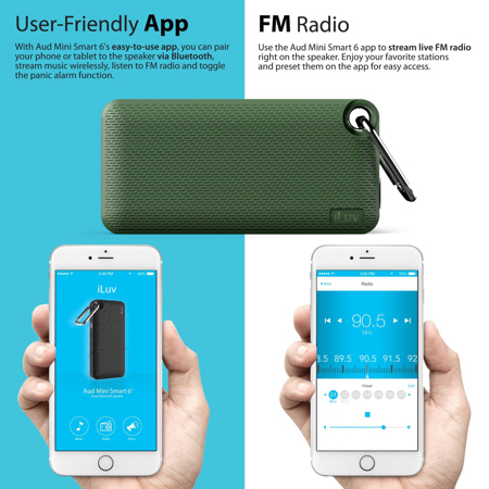 iLuv Aud Mini 6 Slim Splash Proof Bluetooth Speaker, Single, Green