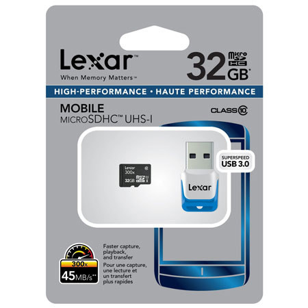 Lexar 32GB 300x High Speed microSDHC Card with USB 3.0 microSD Reader