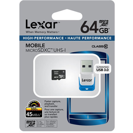 Lexar 64GB 300x High Speed microSDXC Card with USB 3.0 microSD Reader
