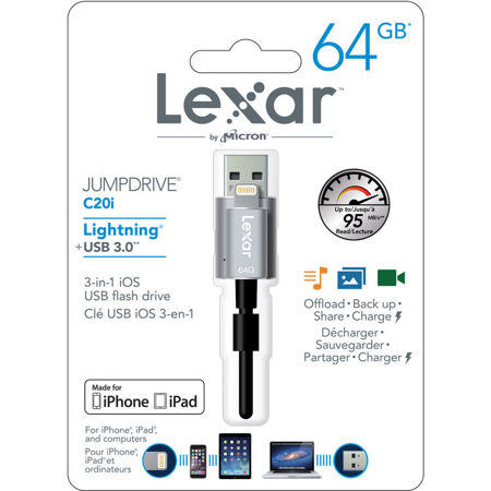 Lexar JumpDrive 64GB C20i USB 3.0 Flash Drive, 3-in-1 Solution