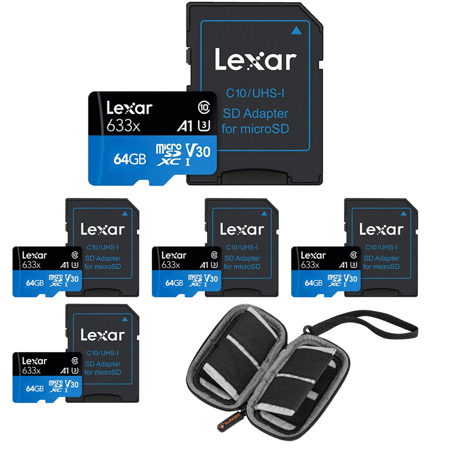 Lexar BLUE Series High-Performance 633x 64GB UHS-I microSDHC Memory Card with SD Adapter [5-Pack] With Slinger Digital Memory Card Wallet