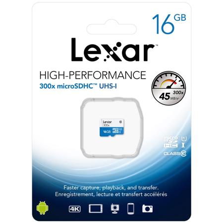 Lexar 16GB High-Performance 300x Class 10 microSDHC UHS-I Memory Card