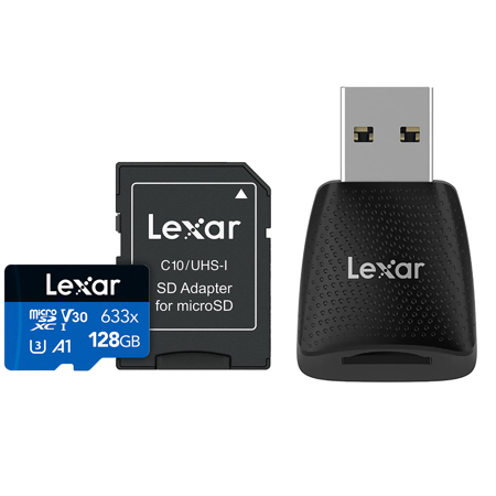 Lexar BLUE Series 633x 128GB UHS-I microSDXC Memory Card with SD Adapter, Bundle with microSD USB 3.2 Gen 1 Type-A Card Reader