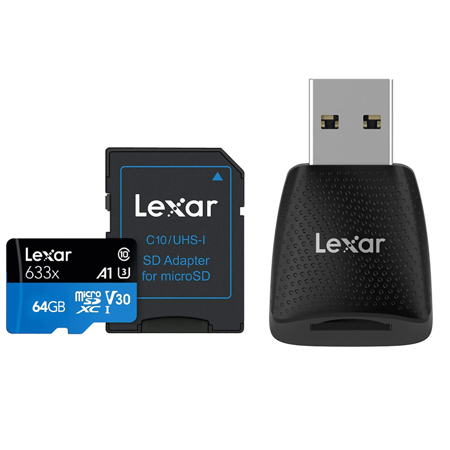 Lexar BLUE Series 633x 64GB UHS-I microSDXC Memory Card with SD Adapter, Bundle with microSD USB 3.2 Gen 1 Type-A Card Reader