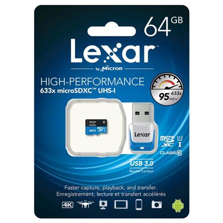 Lexar 64GB microSXHC Class 10 UHS-I Memory Card + USB 3.0 Reader