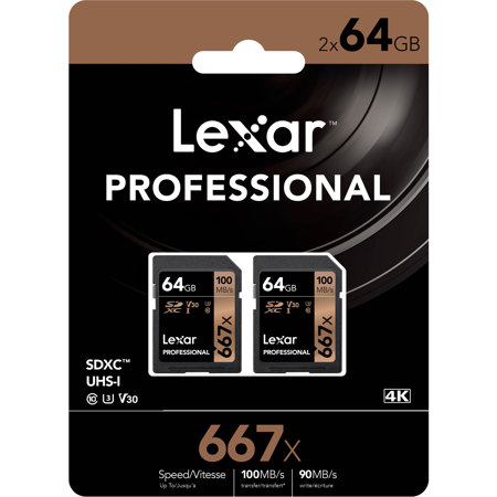 Lexar Professional 667x 64GB SDXC UHS-I/U3 Memory Card, 2 Pack