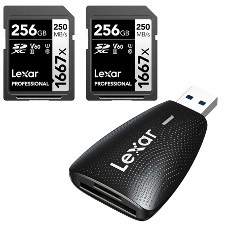 Lexar SILVER Series Professional 1667x 256GB UHS-II SDXC Memory Card, 2-Pack, Bundle with Multi-Card 2-in-1 USB 3.1 Card Reader