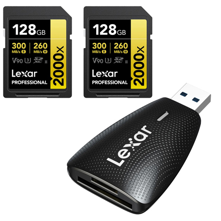 Lexar GOLD Series Professional 2000x 128GB UHS-II SDXC Memory Card, 2-Pack, Bundle with Multi-Card 2-in-1 USB 3.1 Card Reader
