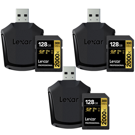 Lexar 3 PACK 128GB Professional 2000x UHSII SDXC U3 Memory Card with Card Reader