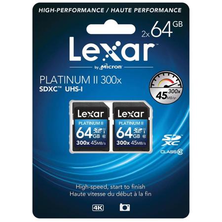 Lexar 64GB Platinum II 300x Class 10 UHSI-U1 SDXC Memory Card - Pack of 2