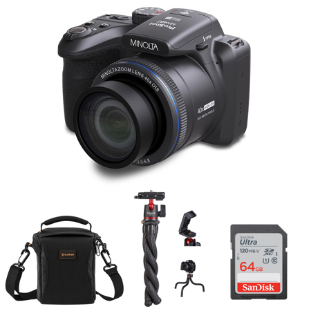 Minolta MN40Z 20MP FHD Camera w/40x Zoom, Black, with MT-11 Tripod and 64GB Card