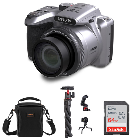 Minolta MN40Z 20MP FHD Camera w/40x Zoom, Silver, with MT-11 Tripod & 64GB Card