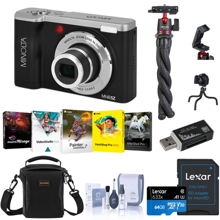 Minolta MNB5Z 56MP 5K Ultra HD 2.8" LCD Screen Digital Camera, Black, Bundle with Shoulder Bag, 64GB Memory Card, Tripod, Cleaning Kit, PC Software Kit