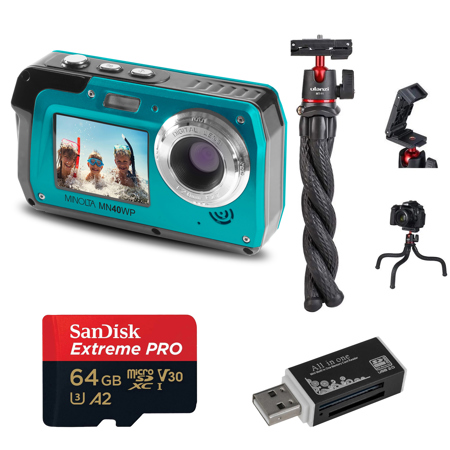 Minolta MN40WP 48MP 2.7K Quad HD Dual LCD Screen Waterproof Camera, Blue, Bundle with 64GB Memory Card, Octopus Tripod, USB 2.0 Card Reader