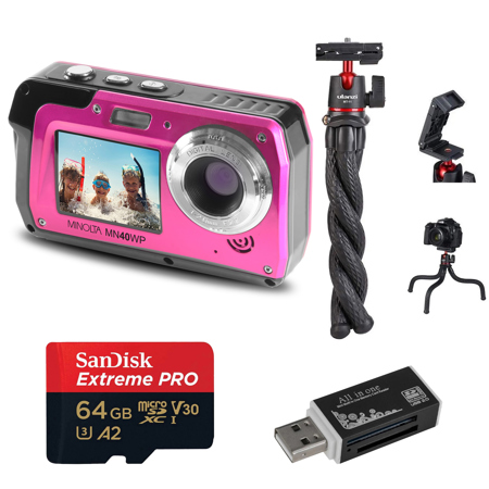 Minolta MN40WP 48MP 2.7K Quad HD Dual LCD Screen Waterproof Camera, Pink, Bundle with 64GB Memory Card, Octopus Tripod, USB 2.0 Card Reader