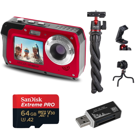 Minolta MN40WP 48MP 2.7K Quad HD Dual LCD Screen Waterproof Camera, Red, Bundle with 64GB Memory Card, Octopus Tripod, USB 2.0 Card Reader