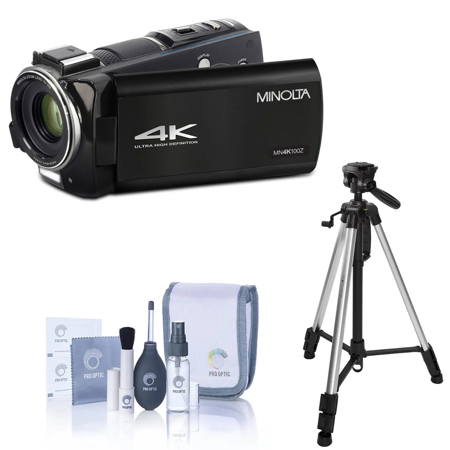Minolta MN4K100Z 28MP 4K Ultra HD 3.5" Touchscreen Night Vision Camcorder, Black, Bundle with Takama Aluminum 3-Section Tripod and Cleaning Kit