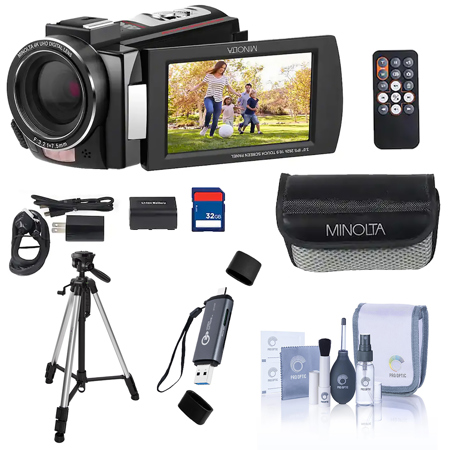 Minolta MN4K25NV 30MP 4K Ultra HD 3" Touchscreen Camcorder with Night Vision, Black, Bundle with 3-Section Tripod, USB 3.0 Card Reader, Cleaning Kit