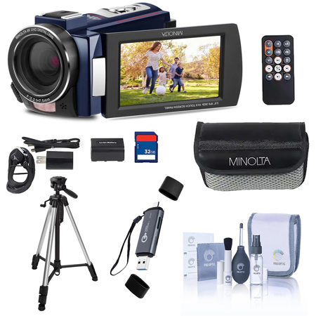 Minolta MN4K25NV 30MP 4K Ultra HD 3" Touchscreen Camcorder with Night Vision, Blue, Bundle with 3-Section Tripod, USB 3.0 Card Reader, Cleaning Kit